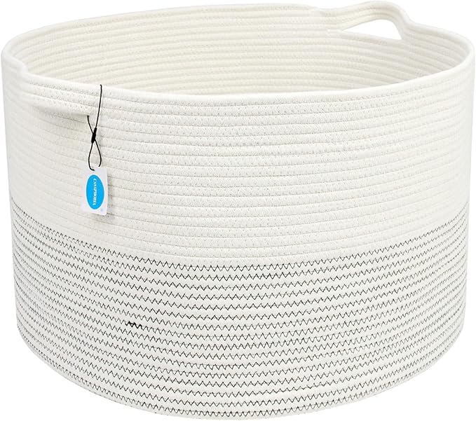 Casaphoria XXXLarge Cotton Rope Basket 21.7" x 21.7" x 13.8" Woven Laundry Basket for Blankets Storage Basket with Handle Comforter Cushions Storage Bins Thread Hamper-Black Stitch, White (MB2021039)