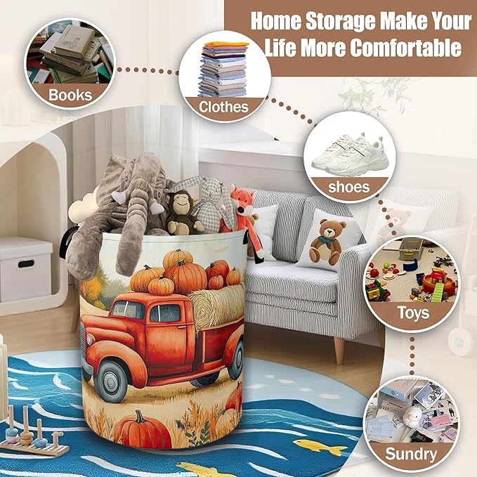 Happy Fall Laundry Hamper,Thanksgiving Day Red Truck and Pumpkin Laundry Baskets,Waterproof Oxford Cloth Toy Storage for Bedroom,Bathroom,Nursery,16x20.8 Inch