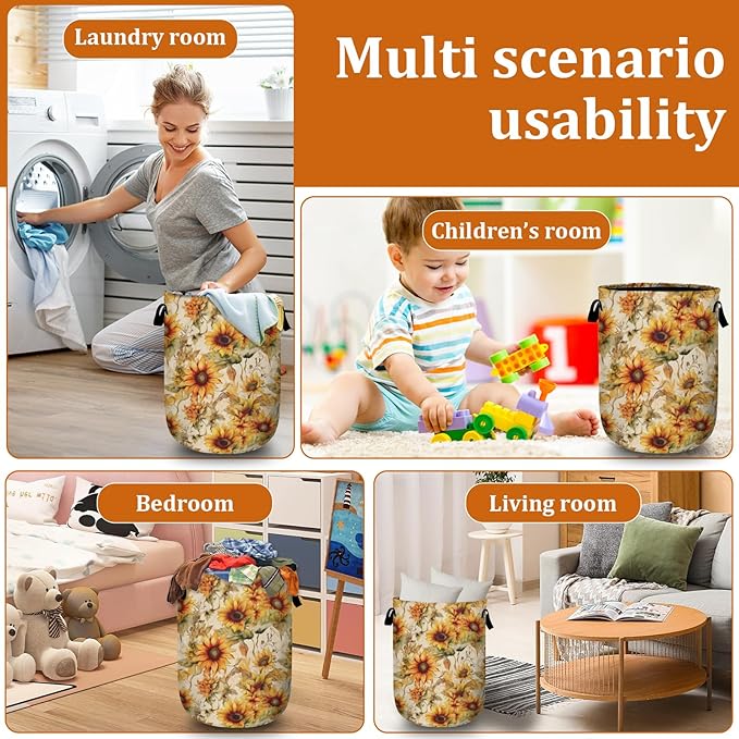 Watercolor Sunflower Laundry Basket with Sturdy Handles, Vintage Floral Collapsible Oxford Cloth Laundry Hamper Organizer Basket for Bathroom Bedroom 15.7x20 Inch