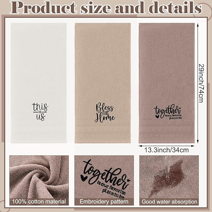 3 Pcs Farmhouse Decorative Hand Towels for Bathroom and Kitchen Rustic Embroidered 100% Cotton Hand Towels Decorative Set for Boho Bathroom Decor(Brown, Inspirational Language)