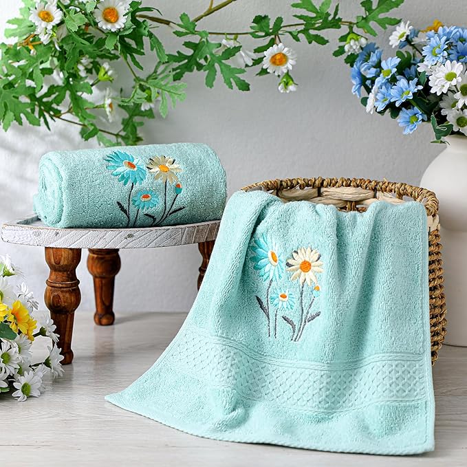 2 Pcs Daisy Hand Towels Teal Flower Bathroom Decor 14x29 Inch Embroidered 100% Cotton Soft Absorbent Spring Summer Decorative Daisy Hand Towels for Bathroom Kitchen