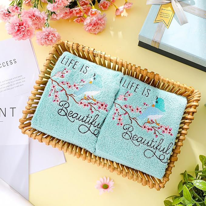 2 Pcs Bird Hand Towels Mint Green Bathroom Decor 14x29 Inch Embroidered 100% Cotton Soft Absorbent Spring Summer Decorative Hand Towels for Bathroom Kitchen