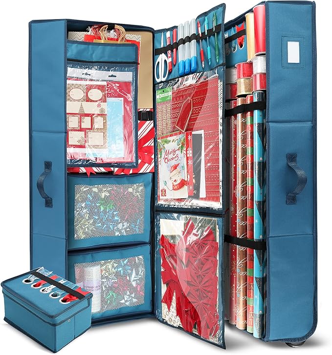Hearth & Harbor Wrapping Paper Storage Container with Ribbon Dispenser and Interior Pockets - Large Christmas Storage Containers with Wheels, Fits 30 Rolls of 40" Length, Blue