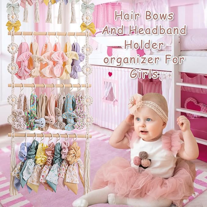 RDYEAAR Bow Organizer for Girls, Headband Organizer for Baby Girl, Bow Hanger for Girls, White Baby Girl Nursery Decor, Toddler Hair Accessory Organizer，Hanging Organizer