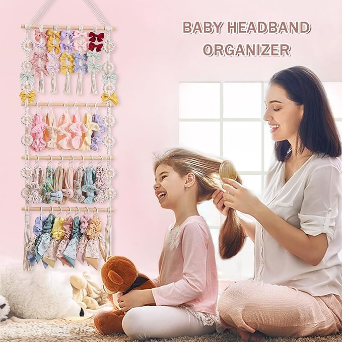 RDYEAAR Bow Organizer for Girls, Headband Organizer for Baby Girl, Bow Hanger for Girls, White Baby Girl Nursery Decor, Toddler Hair Accessory Organizer，Hanging Organizer