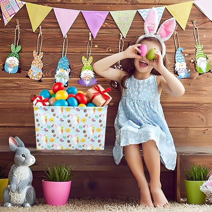 Easter Basket for Kid Large Empty Rectangular Cute Easter Gift Storage Basket Bunny Eggs Décor (Rabbit Butterfly Sun)
