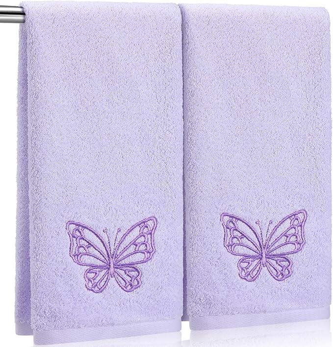 2 Pcs Butterfly Hand Towels Light Purple Bathroom Decor 14x29 Inch Embroidered 100% Cotton Soft Absorbent Spring Summer Washcloths Decorative Hand Towels for Bathroom Kitchen