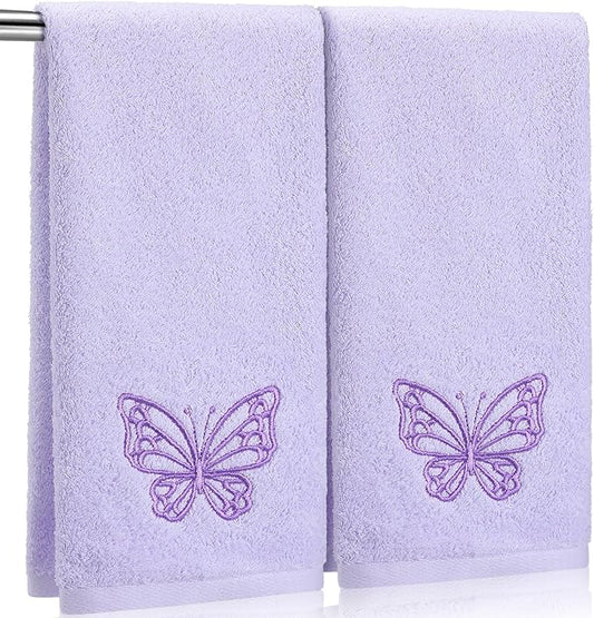 2 Pcs Butterfly Hand Towels Light Purple Bathroom Decor 14x29 Inch Embroidered 100% Cotton Soft Absorbent Spring Summer Washcloths Decorative Hand Towels for Bathroom Kitchen