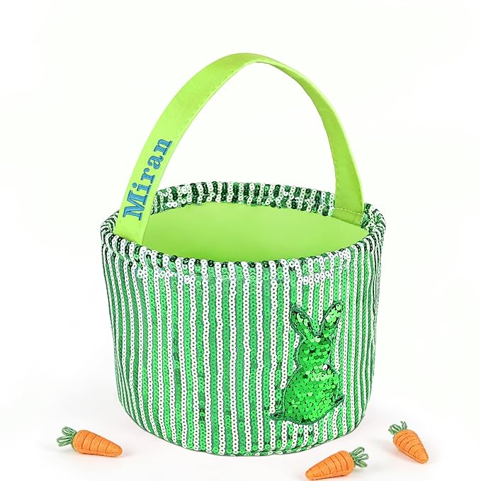 Personalized Easter Basket for Kids, Boys & Girls – Ideal for Egg Hunting & Easter Gift Storage (Green Sequin Bunny Basket)