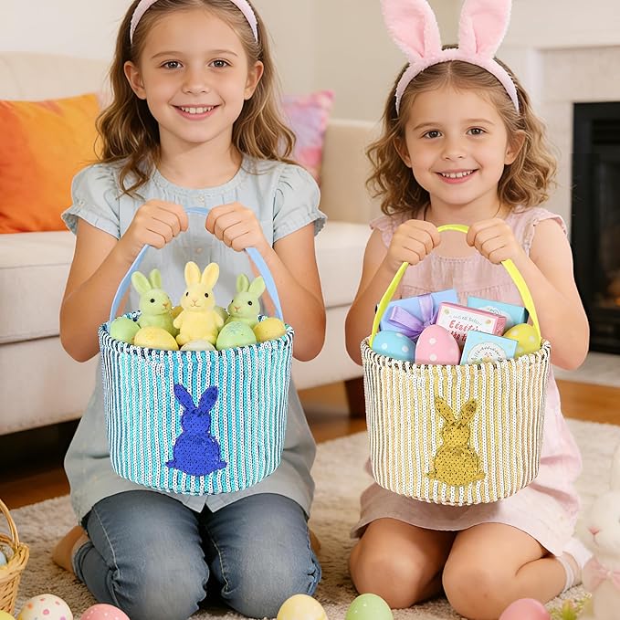 Personalized Easter Basket for Kids, Boys & Girls – Ideal for Egg Hunting & Easter Gift Storage (Blue Sequin Bunny Basket)