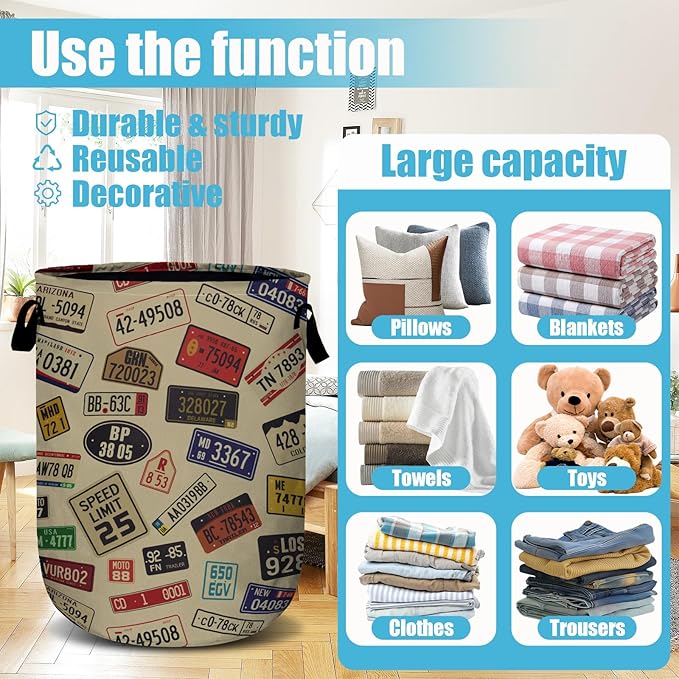 Colourful Car Number Plates Laundry Basket, Laundry Hamper Collapsible Oxford Cloth with Handle Clothes Toy Storage Bin for Bathroom Laundry Room Bedroom 15.7 X 20 Inch