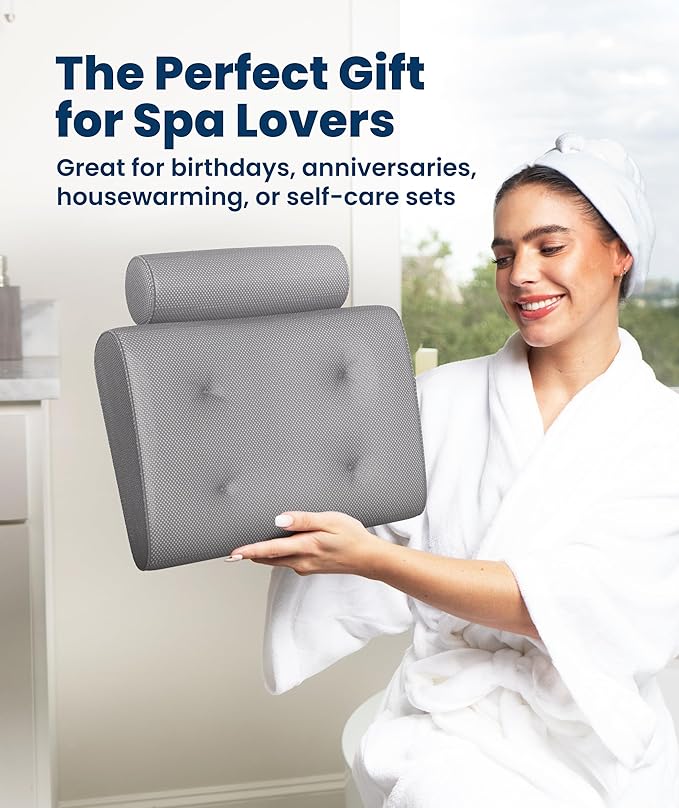 Everlasting Comfort Luxury Bath Pillow for Tub with Head & Neck Support – Non-Slip Bathtub Pillow with Suction Cups, Quick-Dry Mesh & Hook, Spa Accessory – Gray (Pack of 2)