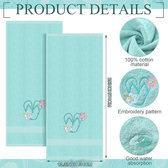 2 Pcs Flip Flops Hand Towels Mint Green Bathroom Decor 14x29 Inch Embroidered 100% Cotton Soft Absorbent Spring Summer Decorative Hand Towels for Bathroom Kitchen