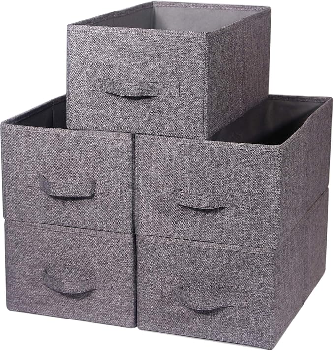 Set of 5 Closet Organizer Bins with Handle, Fabric Foldable Storage Baskets Cloth Box Containers for Shelves Home Office Clothes Clothing, Gray, Large