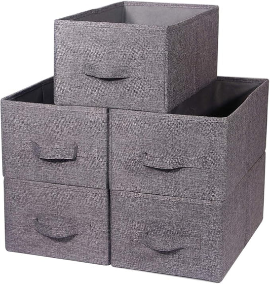 Set of 5 Closet Organizer Bins with Handle, Fabric Foldable Storage Baskets Cloth Box Containers for Shelves Home Office Clothes Clothing, Gray, Large