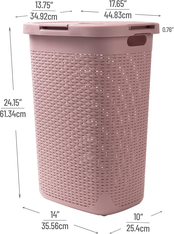 Mind Reader Slim Laundry Hamper with Lid, 60L Clothes Baskets, Premium Wicker Design, Plastic, 2-Pack, Pink