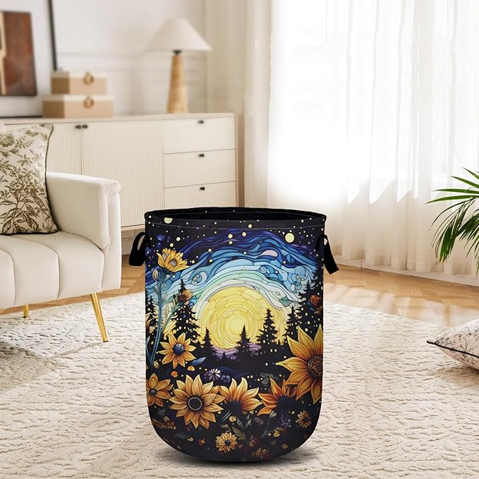 Starry Sky Sunflower Laundry Basket, Moon Flower Laundry Hamper Collapsible Oxford Cloth with Handle Clothes Toy Storage Bin for Bathroom Laundry Room Bedroom 15.7 X 20 Inch