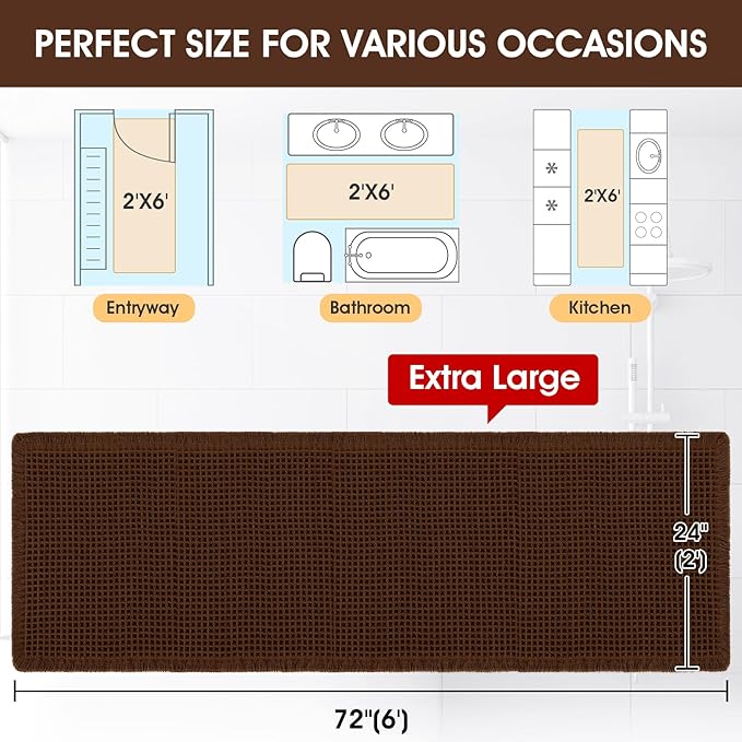 Accumtek Extra Large Waffle Bath Mat, 6'x2' Brown, Super Absorbent Non-Slip Quick Dry Bathroom Rugs with Tassels, Machine Washable Ultra Soft Boho Bath Rugs for Floor, Toilet Mats Boho Farmhouse Decor