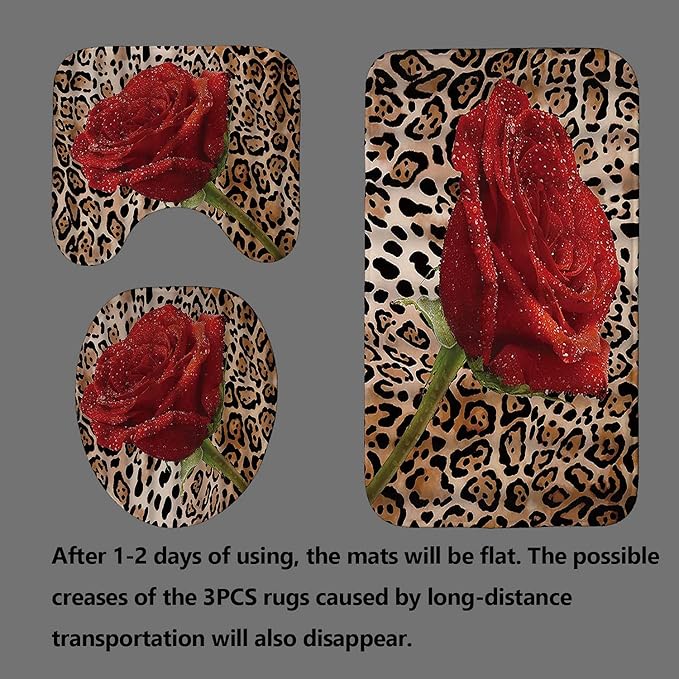 4PCS/Set Sexy Brown Leopard Shower curtain, Romantic Dewy Rose Panthera Cheetah Safari Wildlife African Wild Animal Skin Pattern Bathroom Decor, Non-slip Bath Rug Toilet Mat Carpet, Red Floral