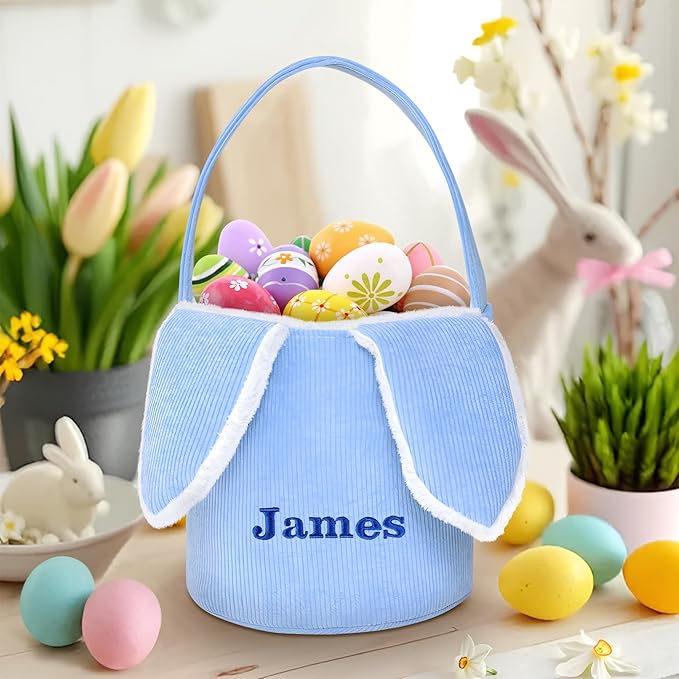 Easter Basket, Touber Easter Bunny Basket, Personalized Easter Baskets for Kids, Easter Gifts Basket for Girls Baby Children - Bunny Ear Blue