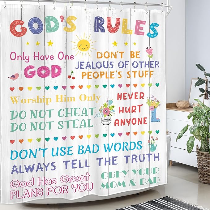 Homewelle Colorful Quotes Kids Shower Curtain Christian Bible Verse Abstract Cartoon Cute Wooden Plank Modern Simple 60Wx72H Inch for Boys Girls Children Waterproof Polyester Fabric Bathroom Bathtub
