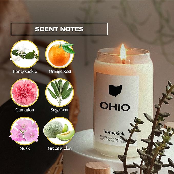 Homesick Scented Candles for Home (Ohio) - 13.75 oz Long-Lasting Soy Wax Jar Candle for Women & Men for All Occasions, 60-80 Hours Burn Time - Notes of Honeysuckle & Orange Zest