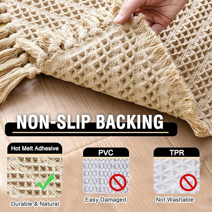 H.VERSAILTEX Waffle Bath Mat Super Absorbent Boho Bath Mat Non Slip Bath Rugs for Bathroom Floor Machine Washable Dry Fast Bathroom Rugs with Tassels (17 x 24 Plus 17 x 24 Inches, Sand)