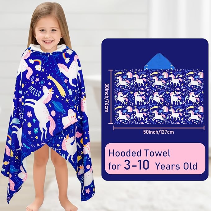 Hooded Towels for Kids Unicorn 50" x 30" Toddler Bath Beach Towel Poncho with Hood Super Soft and Absorbent 100% Microfiber for Girls Ages 3-10