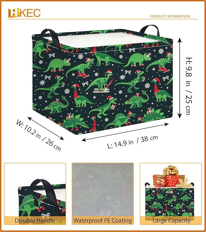 Rectangle Storage Basket with Handles,Collapsible Storage Bin,Books Box,Gift Basket(Dinosaur Christmas)