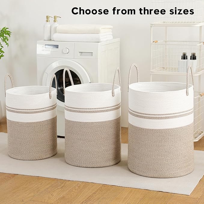 Woven Laundry Hamper Tall Rope Storage Basket for Blanket oys Dirty Clothes in Living Room Bathroom Bedroom (Brown&White, 100L/26.4Gal)