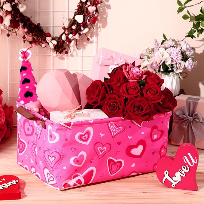 3 Pack Valentine's Day Storage Baskets Waterproof Canvas with Leather Handles Collapsible Storage Bins Cube Baskets for Closet Clothes Room Decor Gift Basket (Heart)