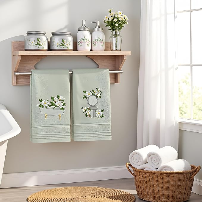 2pcs Sage Green Magnolia Hand Towels for Bathroom Decorative Towels Set 100% Cotton cute Embroidered Spring summer floral bath towels dish kitchen towels Farmhouse Bathroom Decor Gift(Green Magnolia)