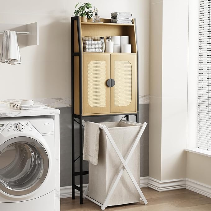 Over The Toilet Storage Cabinet with Rattan Doors, Bathroom Organizer with Adjustable Shelf, Metal Frame & Anti-Tip Device, Space-Saving Wood Cabinet for Bathrooms, Laundry Room, Natural