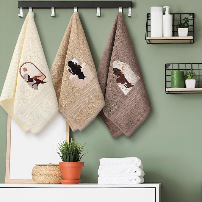 3 Pcs African American Woman Hand Towels for Bathroom African Black Girl Bathroom Decor Brown Decorative Farmhouse 100% Cotton Embroidered Kitchen Towels, 13.3 x 29.5''