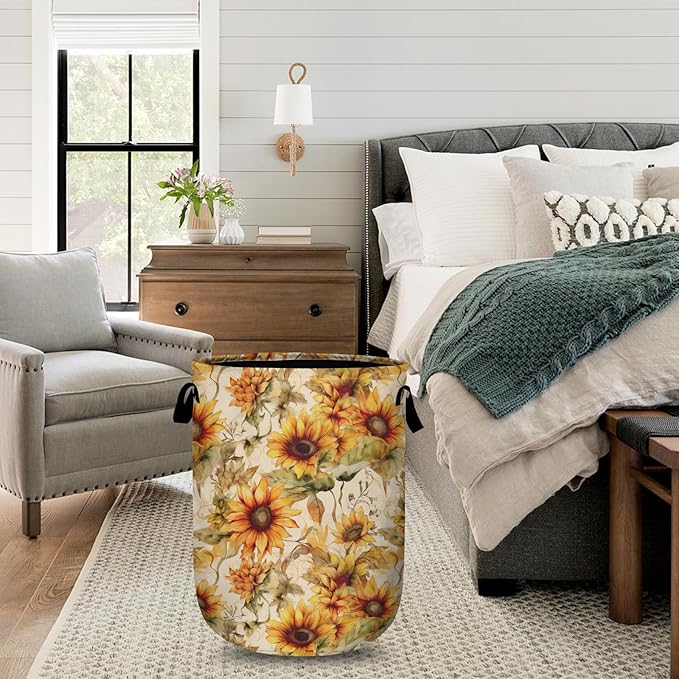 Watercolor Sunflower Laundry Basket with Sturdy Handles, Vintage Floral Collapsible Oxford Cloth Laundry Hamper Organizer Basket for Bathroom Bedroom 15.7x20 Inch