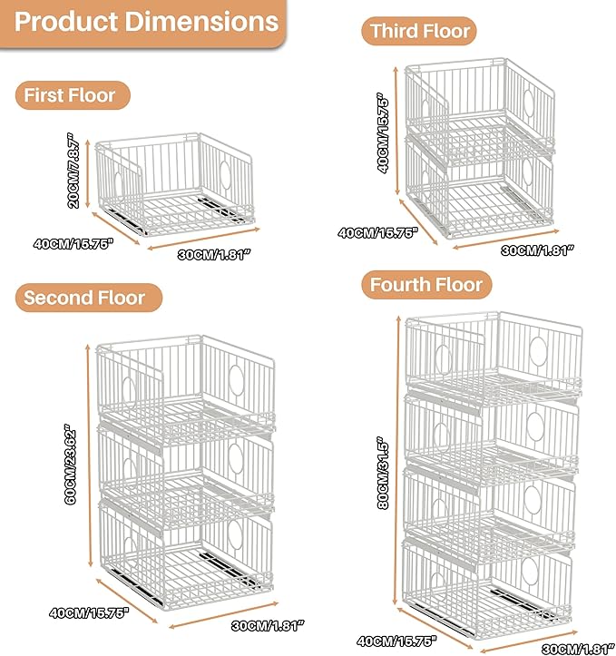 4-Pack Metal Drawer Organizer for Closet with Sliding Rail, Metal Bbasket Storage Drawers for Wardrobe, Stackable Wire Bins for Clothing and Accessories-White