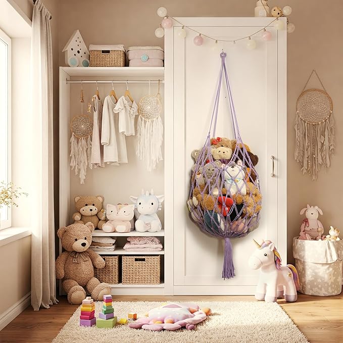 Stuffed Animal Storage Hammock Corner Hanging Net Stuffy Animal Hammock Macrame Toy Display Plush Toy Holder for Kid Bedroom Decor Boho Nursery Playroom Organizer (Purple)