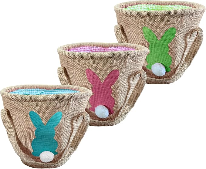 3Pcs Easter Bunny Basket for Kids - Burlap Carrying with Two Handles Gift and Eggs Hunt Bag, Fluffy Tails Printed Rabbit Toys Bucket Tote Basket Bags for Girls & Boys (Green, Blue, Pink)