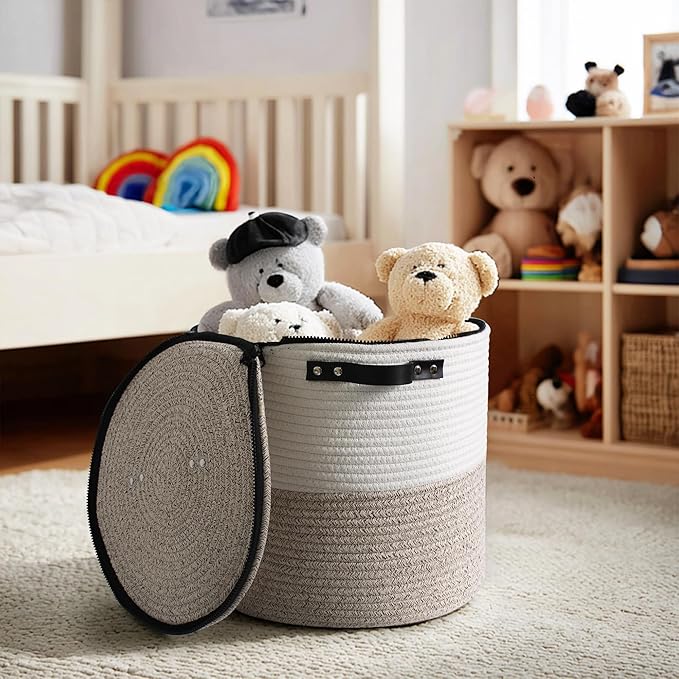 Storage Basket with Lid, 15"x13" Round Woven Blanket Storage for Living Room, Decorative Cotton Rope Hamper with Zipper Top, Wicker Basket with Lid, Floor Covered Kids Dog Toy Bin