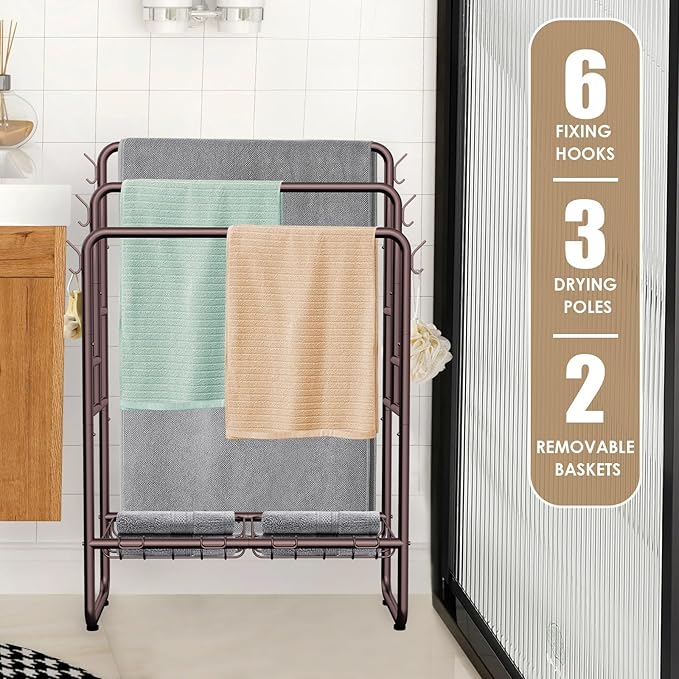 40" H Free Standing Towel Rack with 2 Storage Baskets & 6 Hooks, 3 Tier Silver Metal Towel Stand for Extra Large Towel, Modern Industrial Blanket Ladder Display and Drying Rack for Bedroom Bathroom