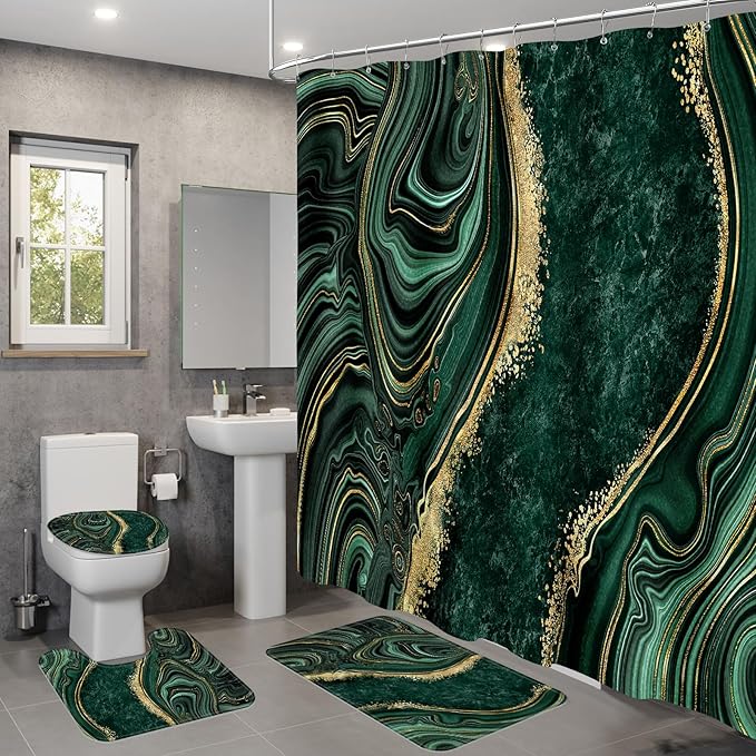 4PCS Emerald Green Marble Bathroom Set with Shower Curtain, Bath Mat, Toilet Lid Cover & U-Shaped Rug, Dark Green Shower Curtain Set for Bathroom