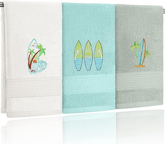 3 Pack Summer Surfboard Hand Towels for Bathroom 100% Cotton Embroidered Beach Bathroom Towels 13.78 x 29.53 Inch Soft Absorbent (Green Series, Surfboard)