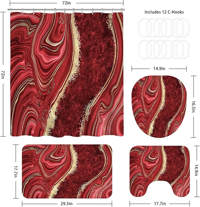 4PCS Red Marble Shower Curtain Sets with Rugs, Abstract Bathroom Sets with Shower Curtain and Rugs, Modern Bathroom Curtains Shower Set with Toilet Lid Cover Accessories for Bathroom Decor