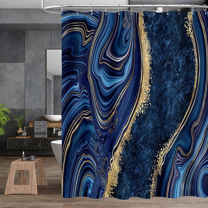 4PCS Navy Blue Gold Marble Shower Curtain Sets with Rugs, Abstract Bathroom Sets with Shower Curtain and Rugs, Gold Bathroom Curtains Shower Set with Toilet Lid Cover Accessories