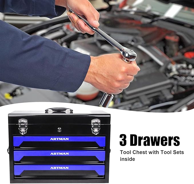 20" Portable 3 Drawer Steel Toolbox,Built in Tool Set,4 Layers of Tools with Metal Latches, with Top Storage Tray and carrying Handle, Multi-Function Tool Storage for Garage, Home,or Workbench