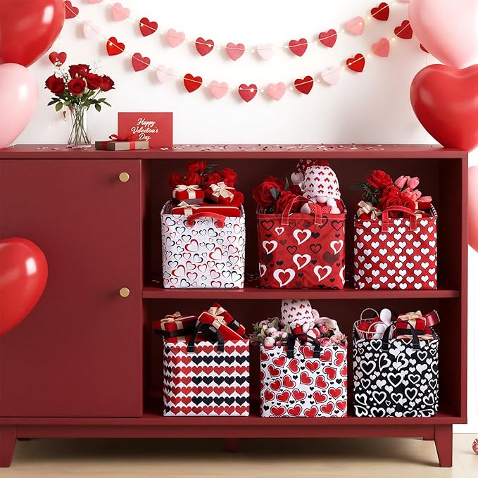 Youyole 6 Pcs Galentine's Day Gifts Basket Set Valentine's Day Storage Bins Red Heart Empty Gifts Basket Organizer with Love Pattern Valentine Decorative Container Box with Handle for Closet Shelf