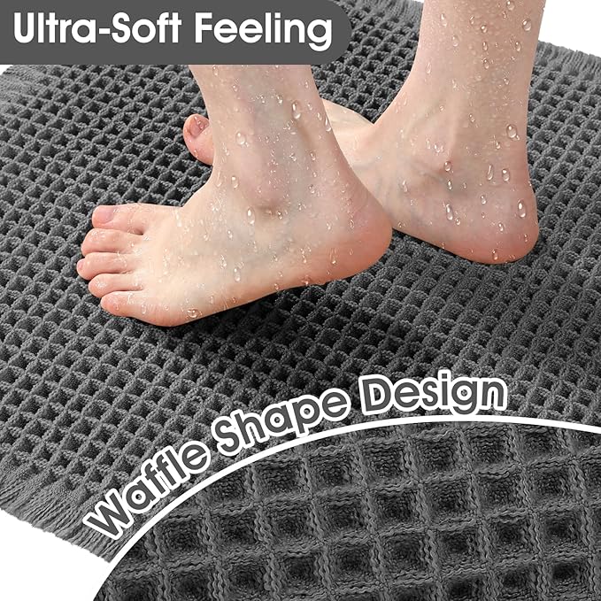ACCUMTEK Extra Large Waffle Bath Mat, 6'x2' Grey, Super Absorbent Non-Slip Quick Dry Bathroom Rugs with Tassels, Machine Washable Ultra Soft Boho Bath Rugs for Floor, Toilet Mats Boho Farmhouse Decor