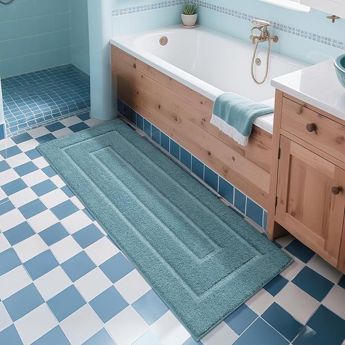 HOMORE Bathroom Runner Rug 24x60 Inch Non Slip Washable Bathroom Rug, Soft and Absorbent Microfiber Long Bath Rugs, TPR Backing Plush Bath Mat for Shower Floor, Spa Blue