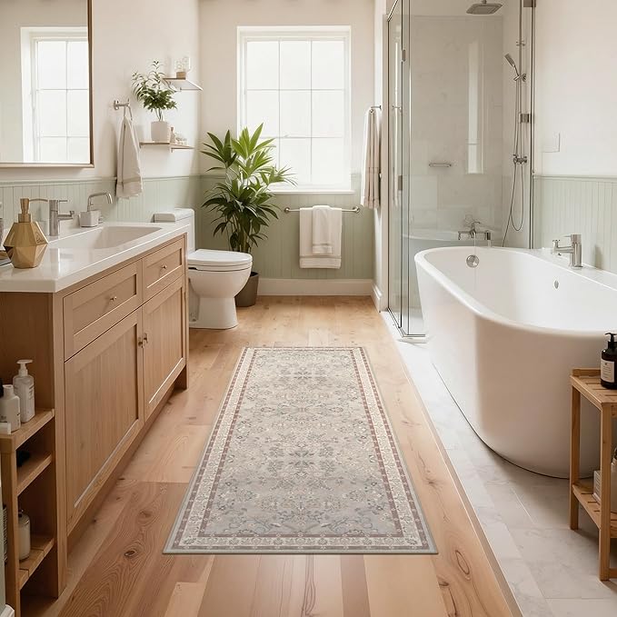 GRANNY SAYS Boho Bathroom Runner 47"x 18" Non-Slip,Quick Dry & Washable Vintage Bath Rug,Distressed Farmhouse Plush Velvet Bath Mat for Sink Shower and Bathtub, Flower Beige