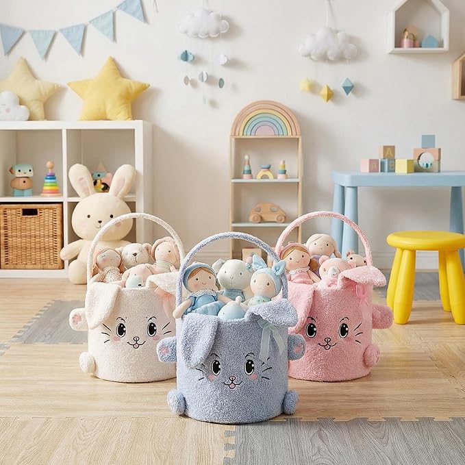 Mimorou 3 Pack Plush Bunny Easter Basket Sherpa Easter Bucket with Rabbit Ears Decorative Bow Large Bunny Tote Bags Ideal for Egg Hunt, Party Favors, Decorations & Storage(White Pink and Blue)